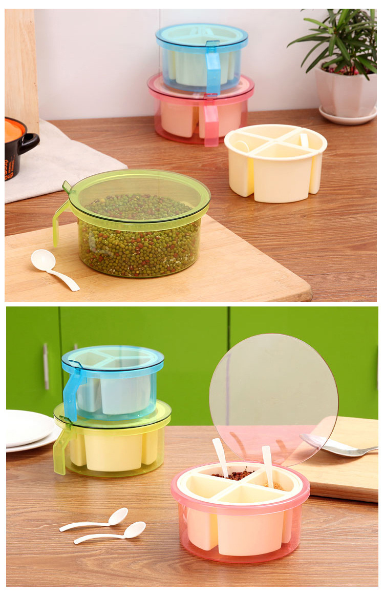 简约圆形调味盒 翻盖塑料调味盒套装 可拆式厨房调料盒 带勺 318