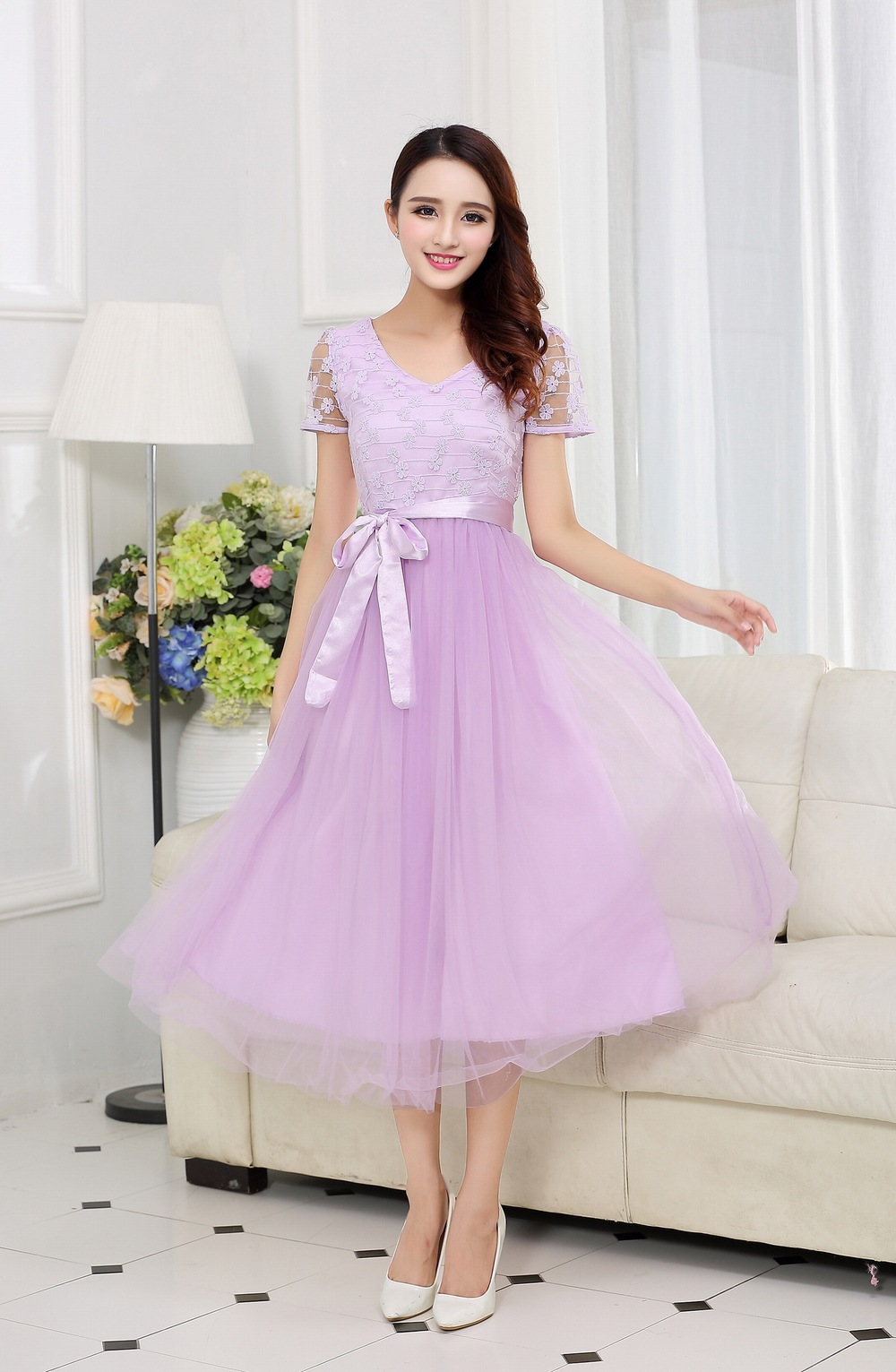 实拍2016春夏新款修身显瘦连衣裙七分袖网纱刺绣淑女大摆裙