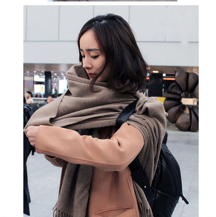 秋冬款杨幂同款纯色仿羊绒加厚流苏围巾披肩