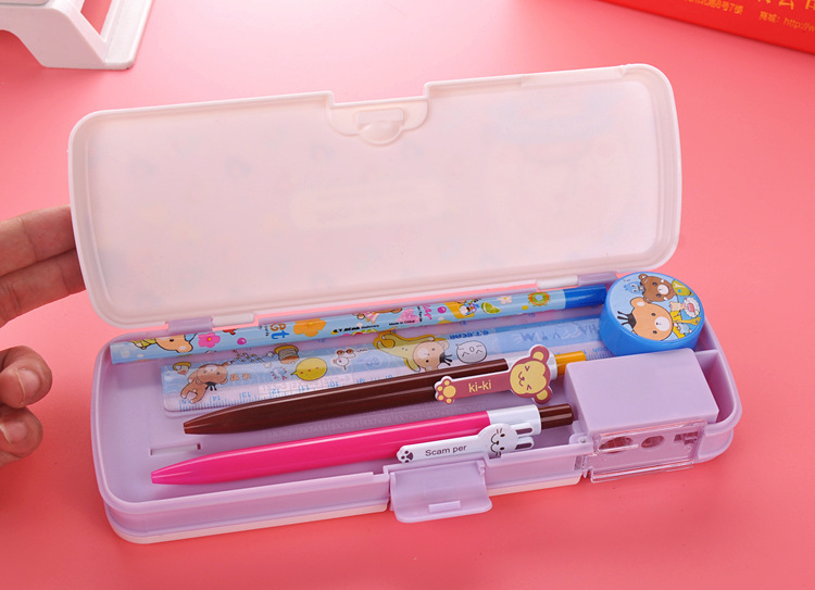可爱卡通塑料文具盒 带卷笔刀双层多功能铅笔盒笔袋 韩国创意文具