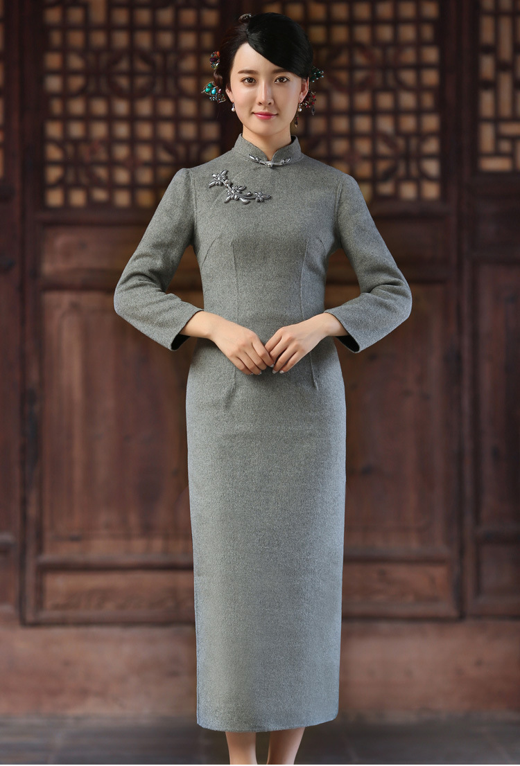 雀之恋2016冬装新款长袖双面毛呢旗袍改良简洁日常长款旗袍