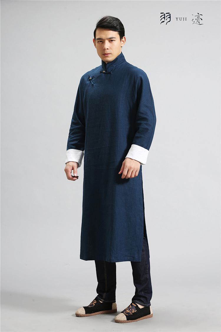 中国风男装民国风麻长袍立领复古唐装宽松长衫演出相声大褂伴郎服