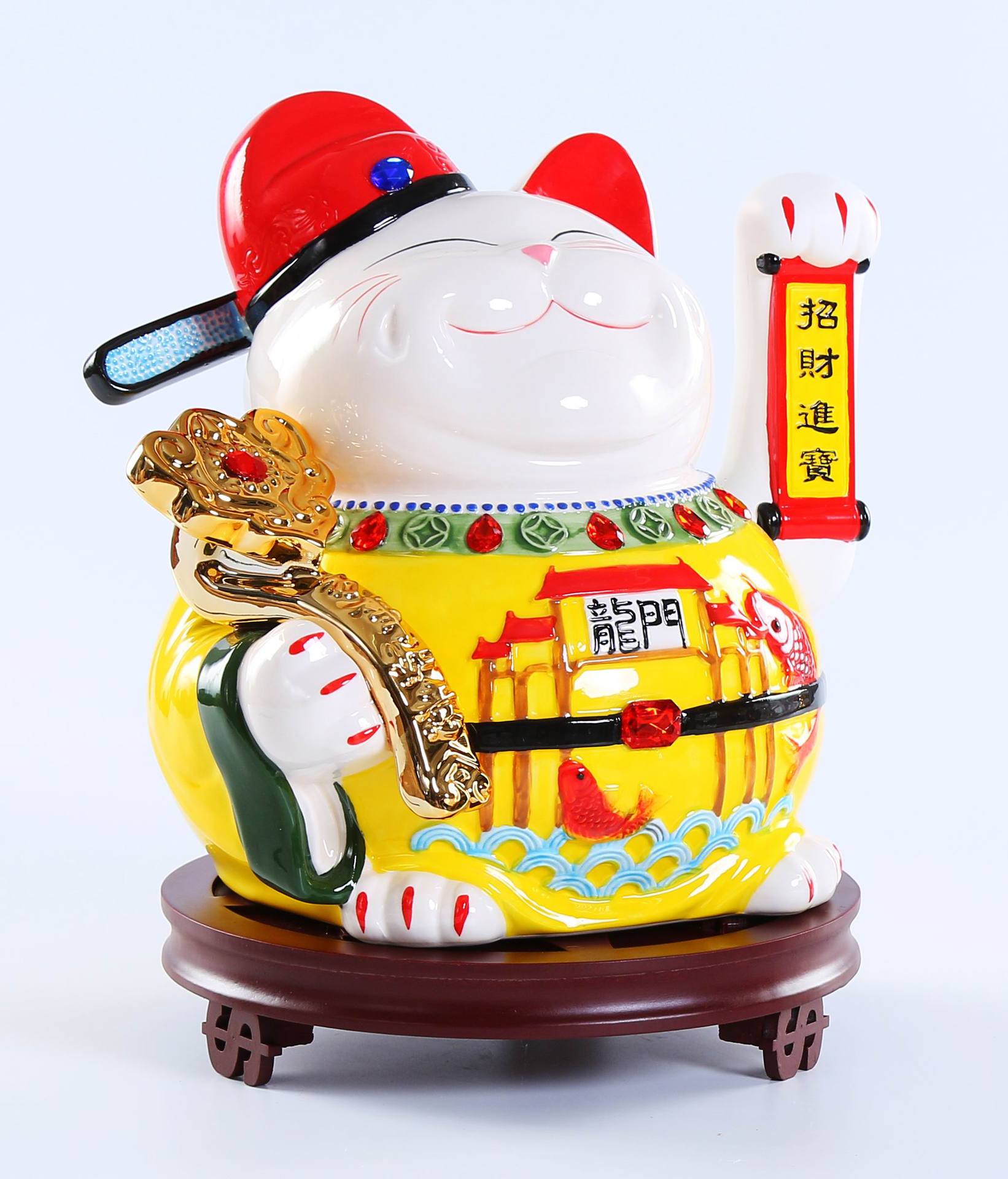 万艺堂中国风陶瓷招财猫摇手存钱储蓄罐11寸鱼跃龙门开业礼品摆件