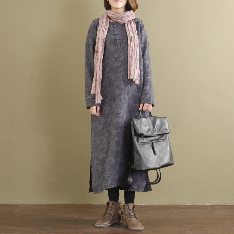 2017春季新款 棉麻原创毛边盘扣复古长袍连衣裙