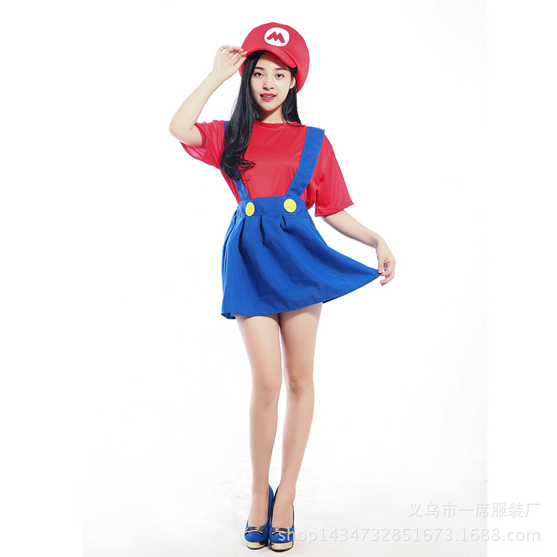 玛丽奥mario 万圣节狂欢派对服装超级玛丽服装玛丽女裙红色马里奥