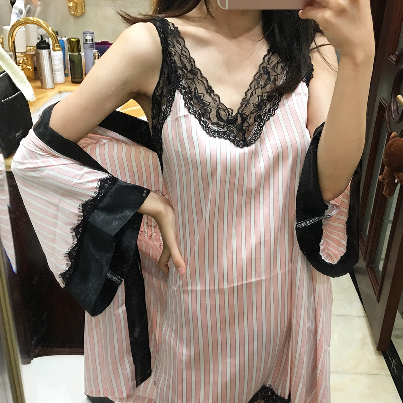 欧美大牌维密爆款真丝烫钻两件式睡袍性感睡衣女士 家居服大码