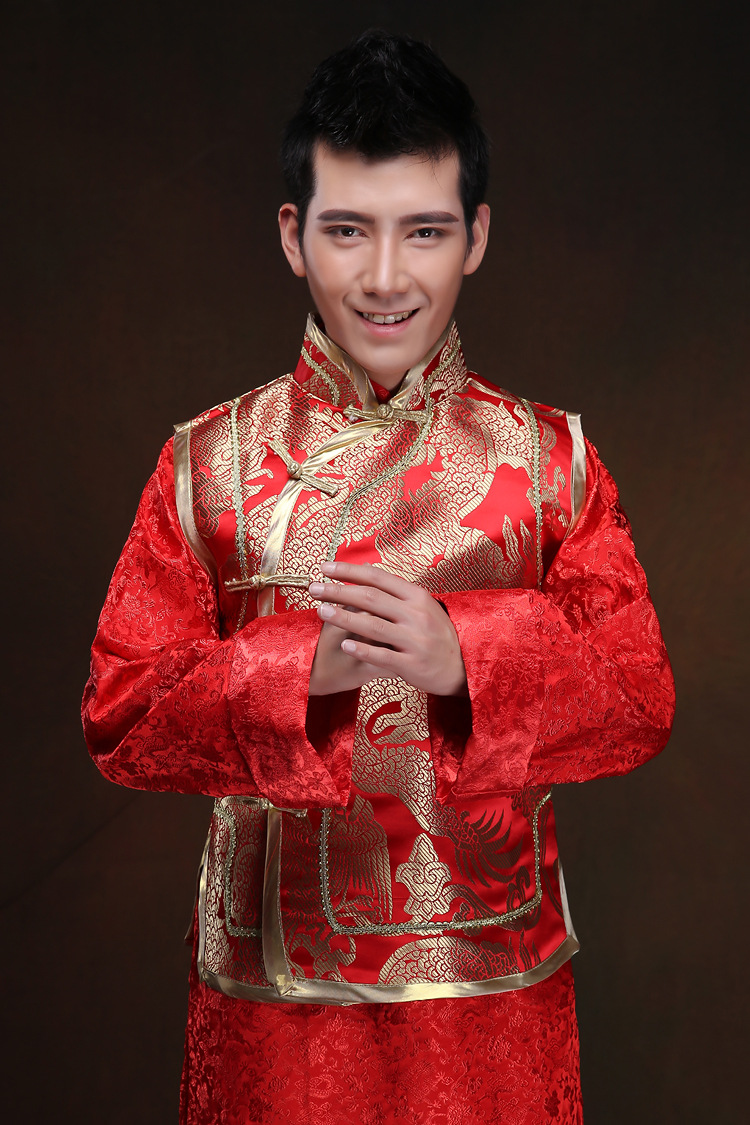 中式结婚喜服礼服唐装汉服 古装秀禾服 红色新郎龙凤褂刺绣男装