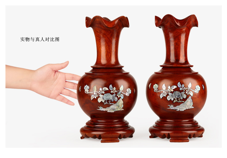 红木工艺品 花梨木质客厅插花 东阳木雕刻创意木制大花瓶家居摆件