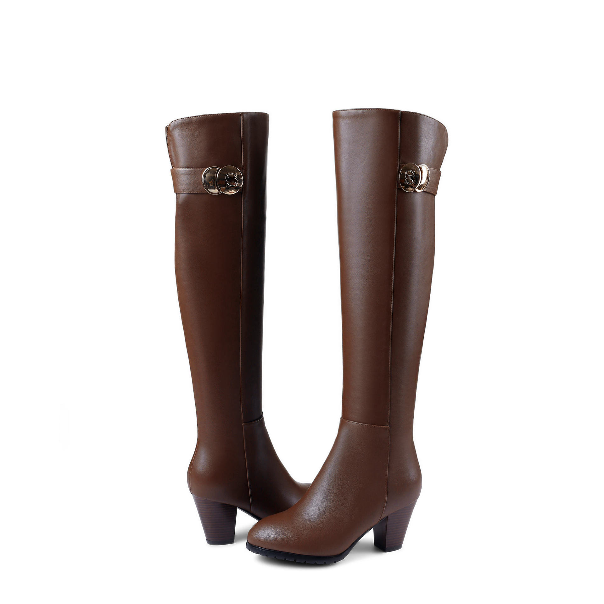 韩版真皮尖头时尚过膝女靴百搭粗跟中跟长靴