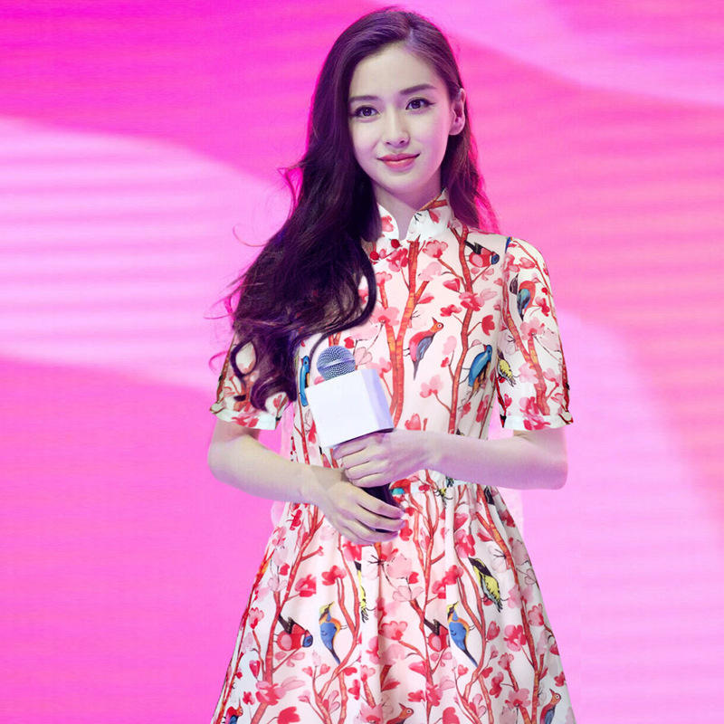 2019新款杨颖baby同款小鸟印花真丝连衣裙改良桑蚕丝旗袍公主裙