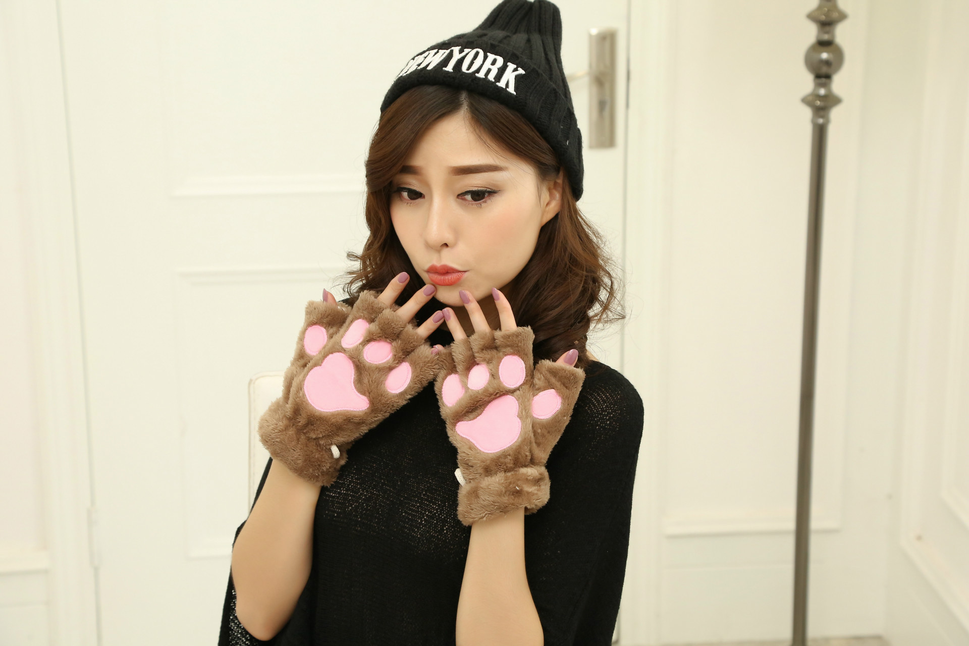 猫爪手套 冬季可爱卡通猫咪女生露指手套 加厚绒毛熊掌半指手套