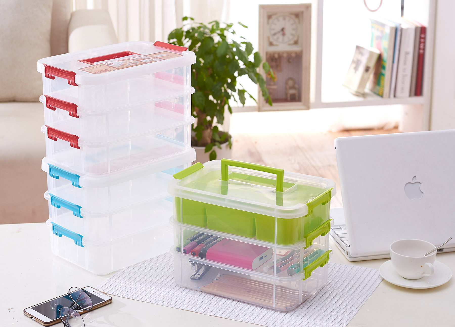 新款创意多功能三层塑料收纳盒化妆首饰盒 手提透明带分格整理箱