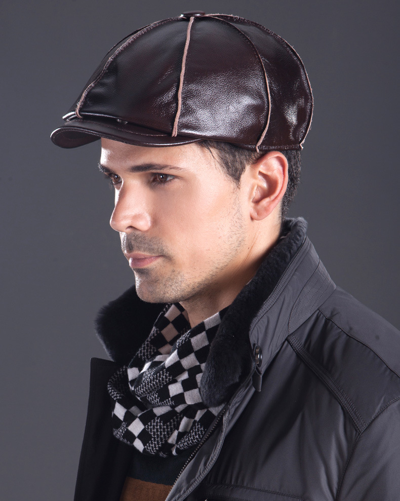 真皮帽子鸭舌帽男士休闲牛皮冬季户外保暖护耳八角帽海宁皮帽批发