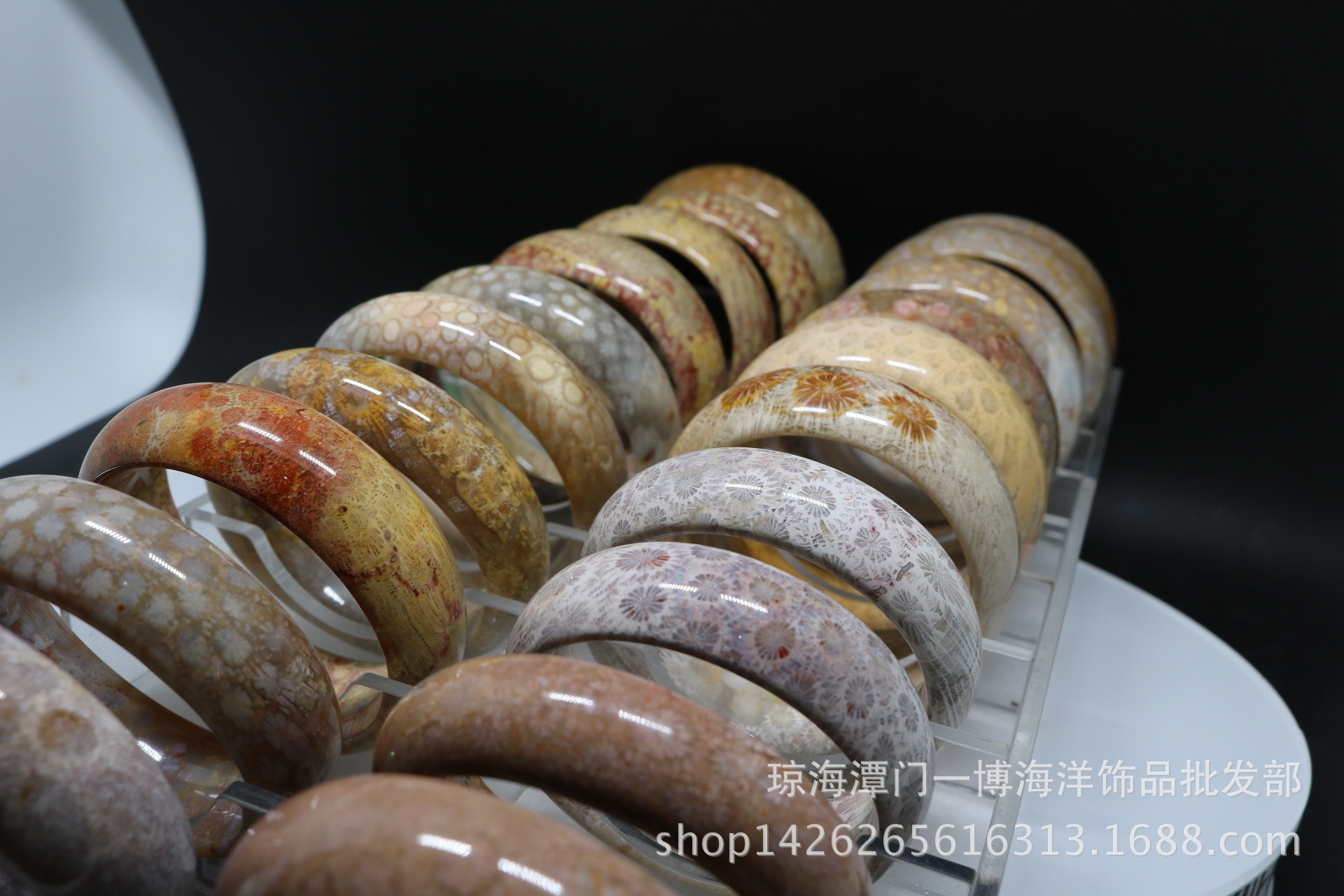 批发天然菊花石手镯 高档珊瑚玉手镯 多彩珊瑚虫化石内