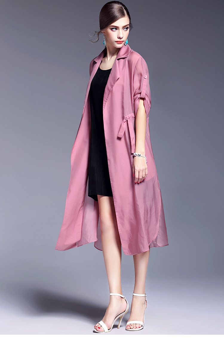 2016外搭开衫加长款真丝薄外套外披风衣女夏西装翻领中袖外套5636