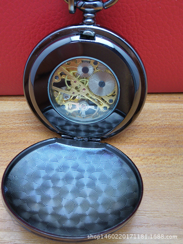 厂家订做2016新款贴牌商务高档礼品镂空手动机械怀表枪黑色