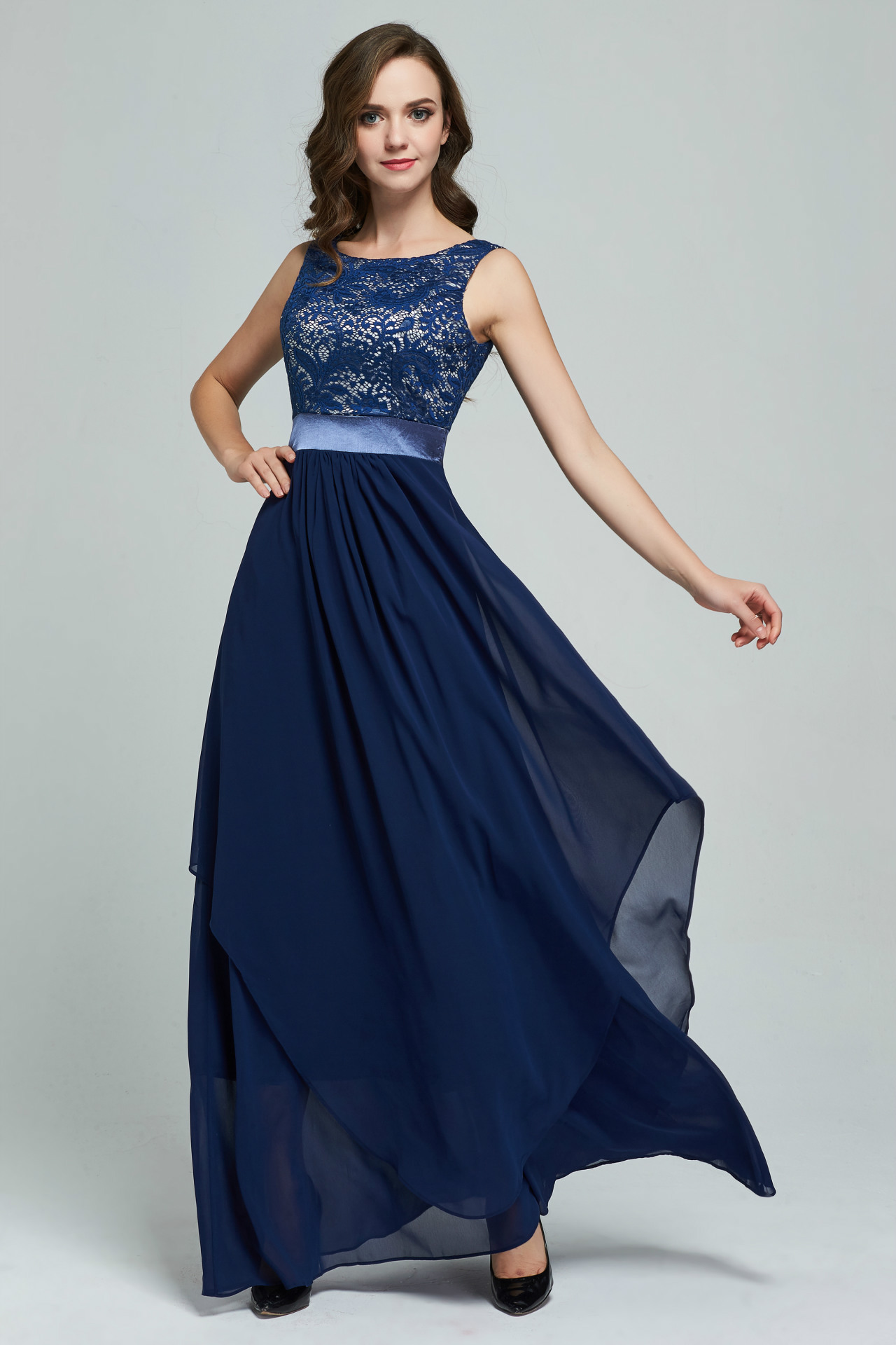 实拍ebay外贸热卖 2018女装雪纺拼接蕾丝无袖连衣大摆长裙晚礼服