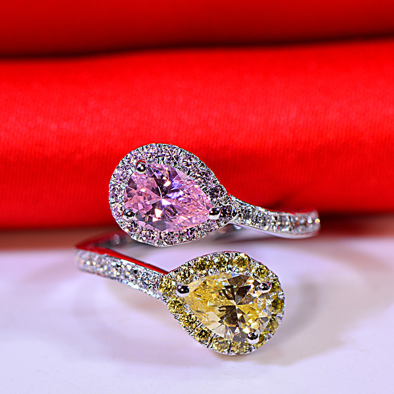 新款个性水滴形双钻戒指 纯银镀金高碳钻彩钻手饰 欧美流行饰品