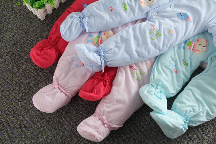 哈奇乐224蓝婴儿连身衣秋冬夹棉加厚新生儿包脚连体衣宝宝哈衣