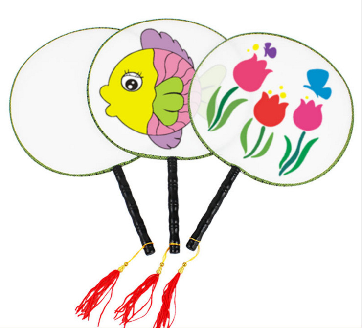 儿童手工制作diy白色扇子团扇圆扇幼儿园创意美术材料空白宫扇