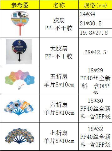 pp扇子各类现有尺寸