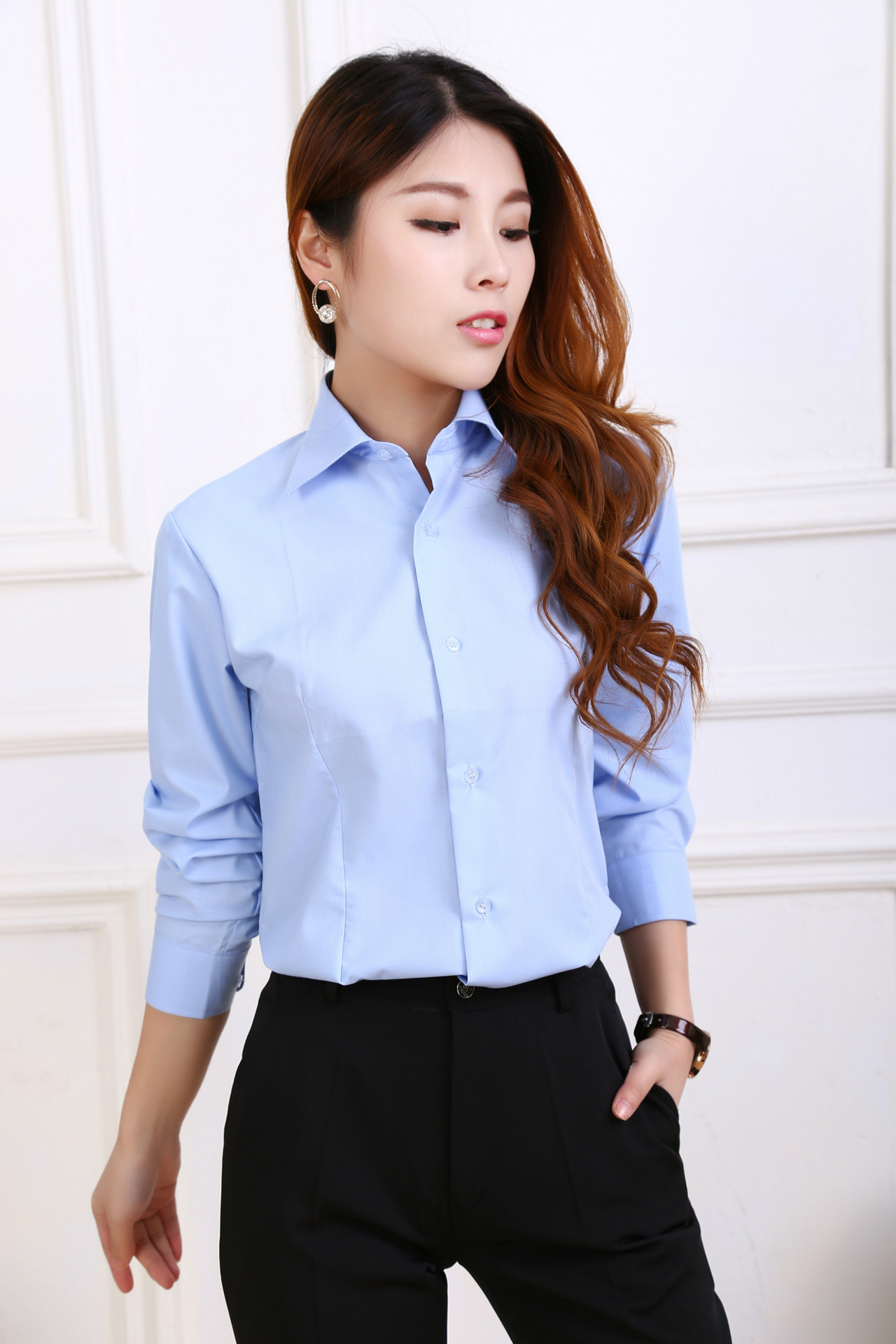 2018春装工服女士纯蓝色衬衫ol职业装长袖衬衣工作服批发工装代发