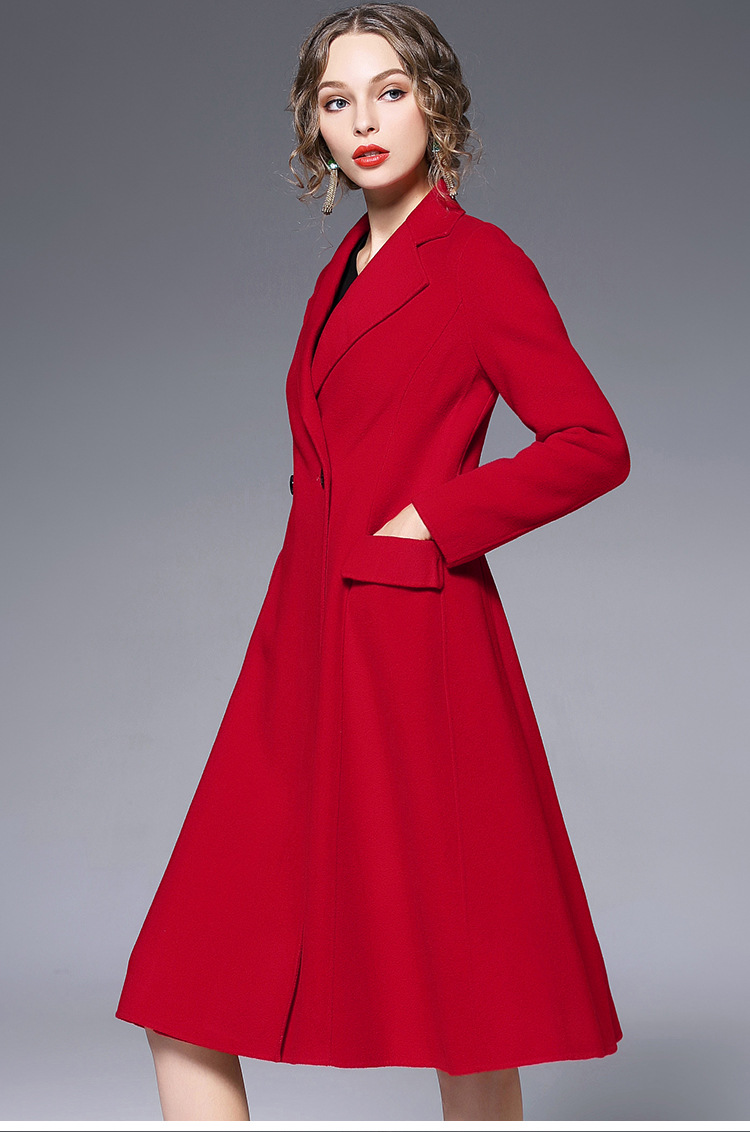 欧洲站秋冬热卖羊毛红色大衣欧美风高端双面羊绒毛呢外套c213