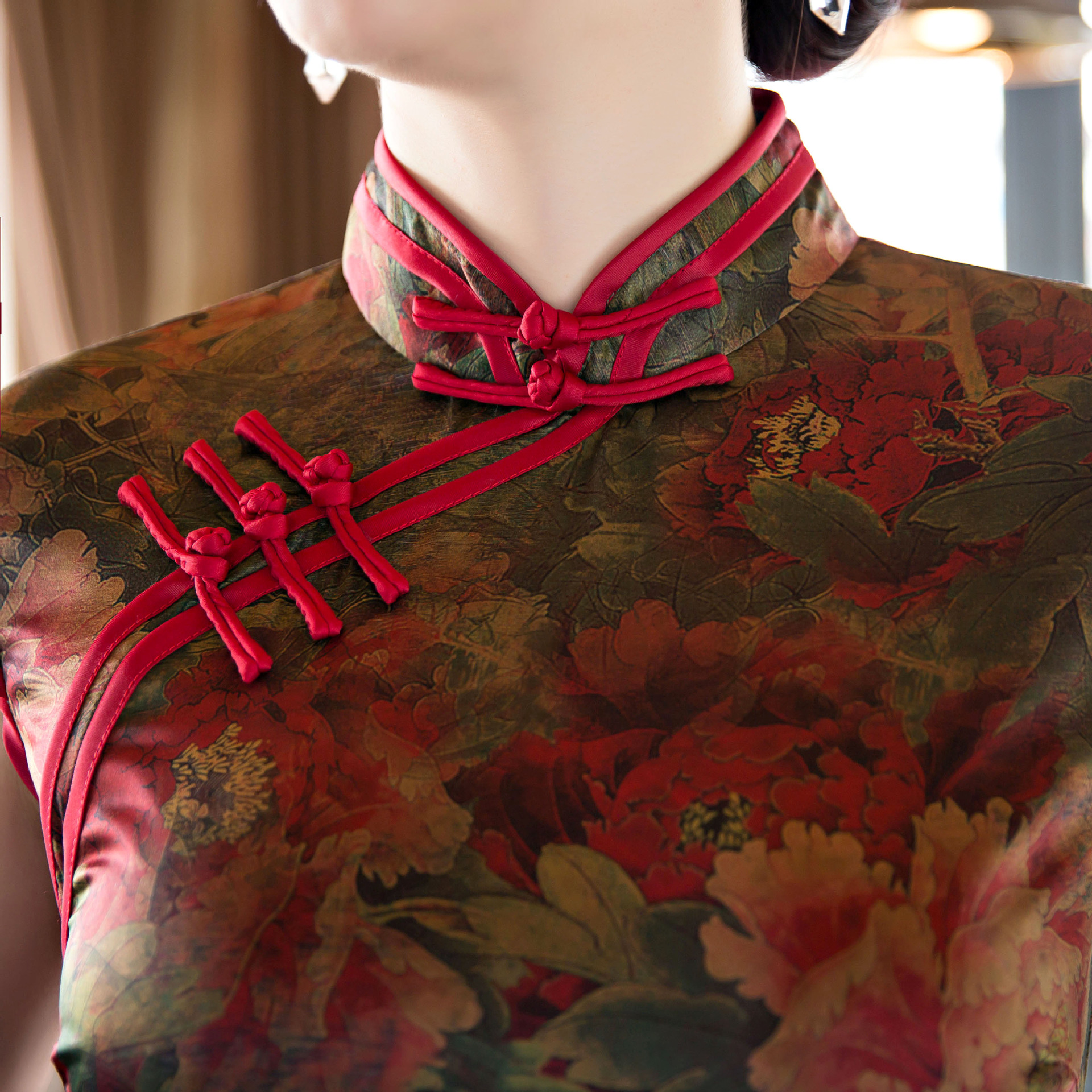 真丝旗袍 时尚中国风 改良复古长裙旗袍 印花短袖连衣裙