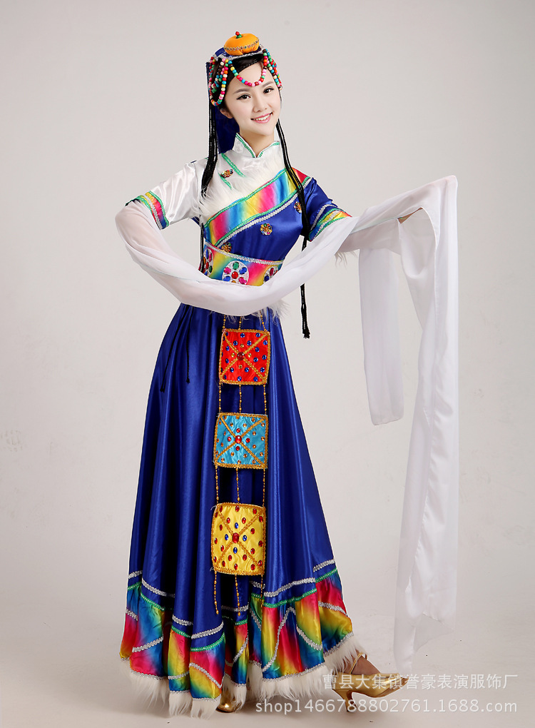 新款藏族水袖舞蹈服女西藏长袖服装少数民族长裙演出服大摆裙2018