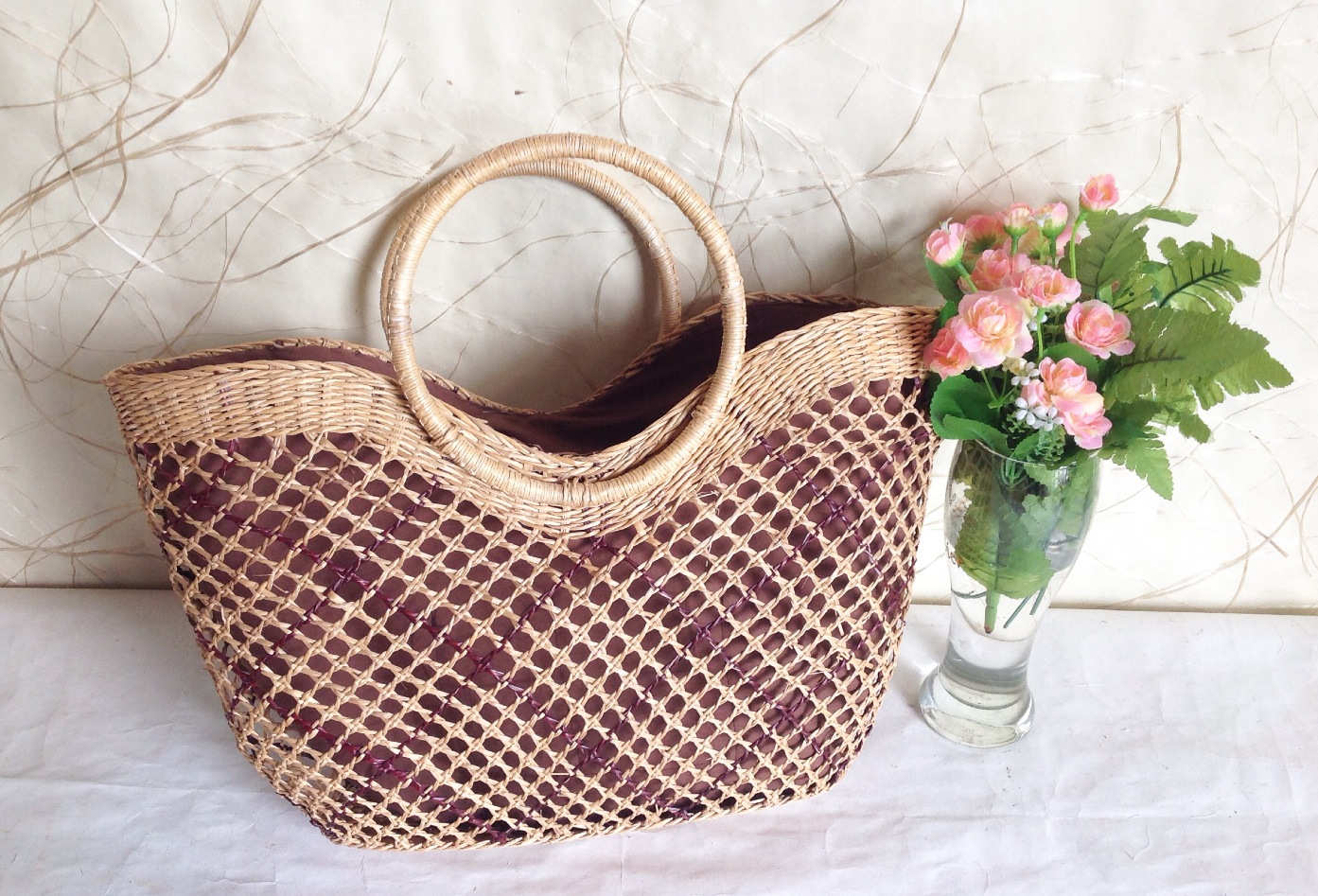 打结稀眼南瓜包 纯手工编织 草编工艺品