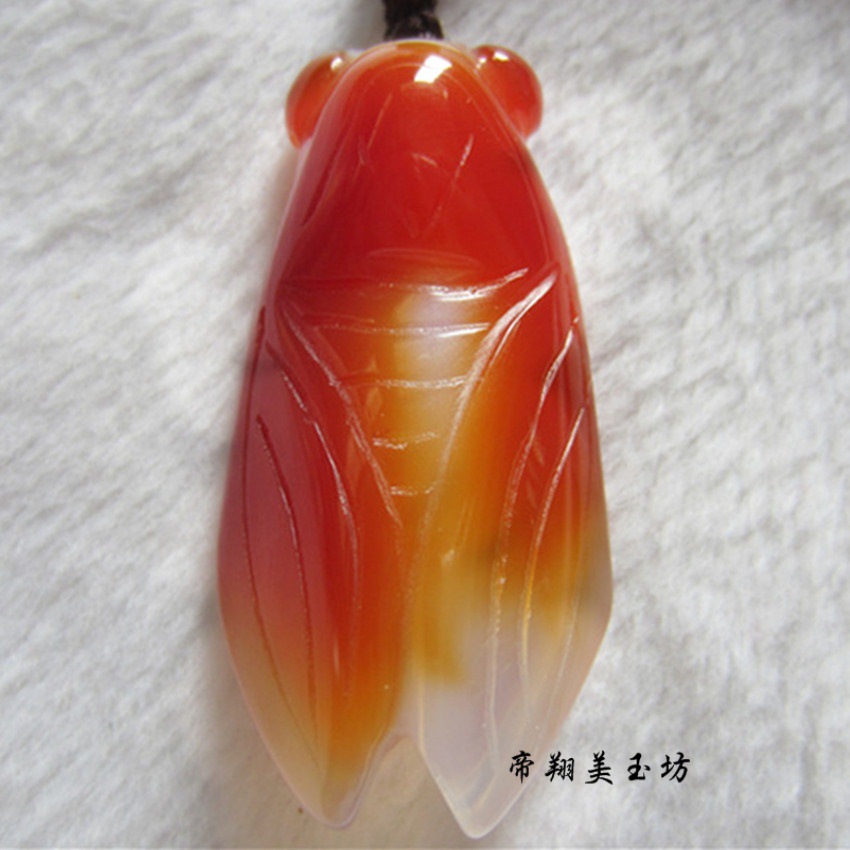 巴西 红玛瑙知了蝉吊坠 白玉髓一鸣惊人蝉挂件
