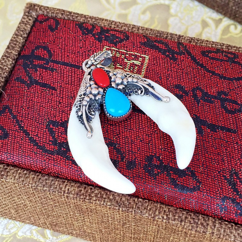 真狼牙 925纯银饰品 泰银天然绿松石狼牙男女霸气守护神吊坠批发