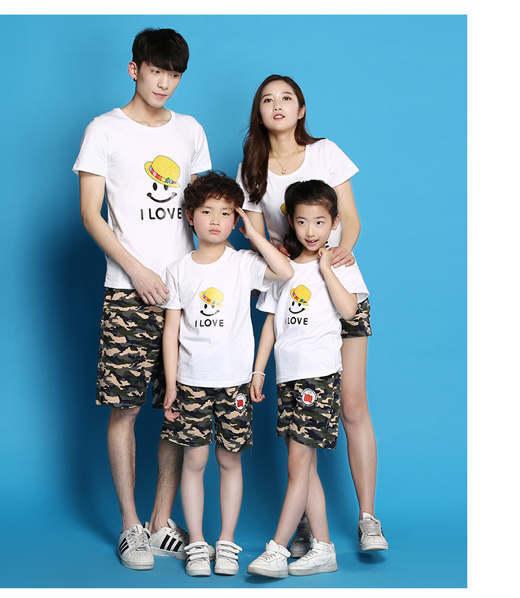 2016新款亲子装夏装新款一家三口全家黄色微笑图案t恤家庭套装