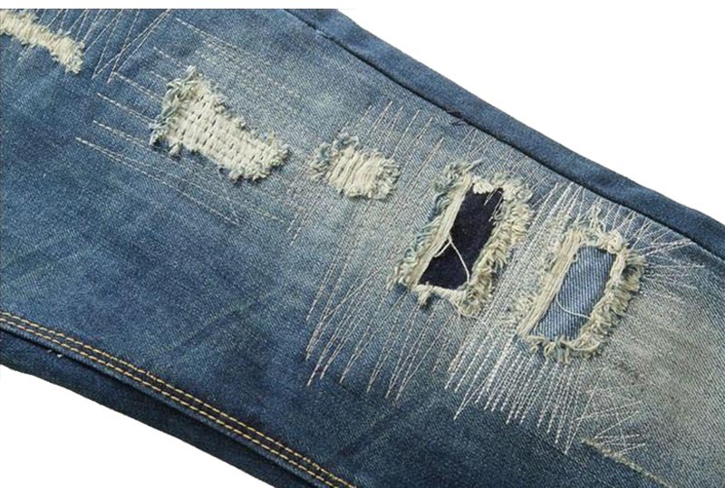 d家欧美男装 猫须破洞补布蓝色款牛仔裤 新款男装牛仔长裤大码潮