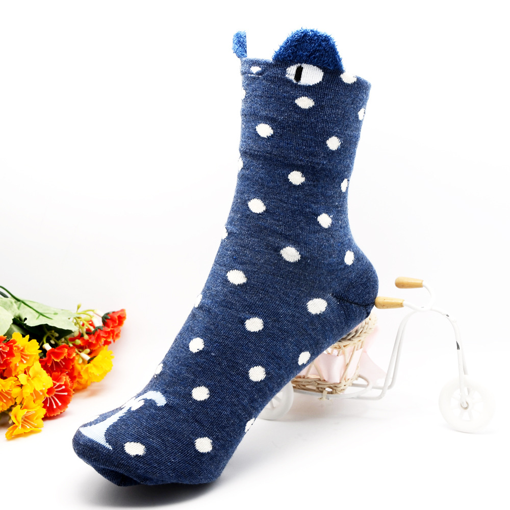 秋冬新款韩版直板袜纯棉女袜礼品 可爱立体耳朵中筒袜子棉保暖