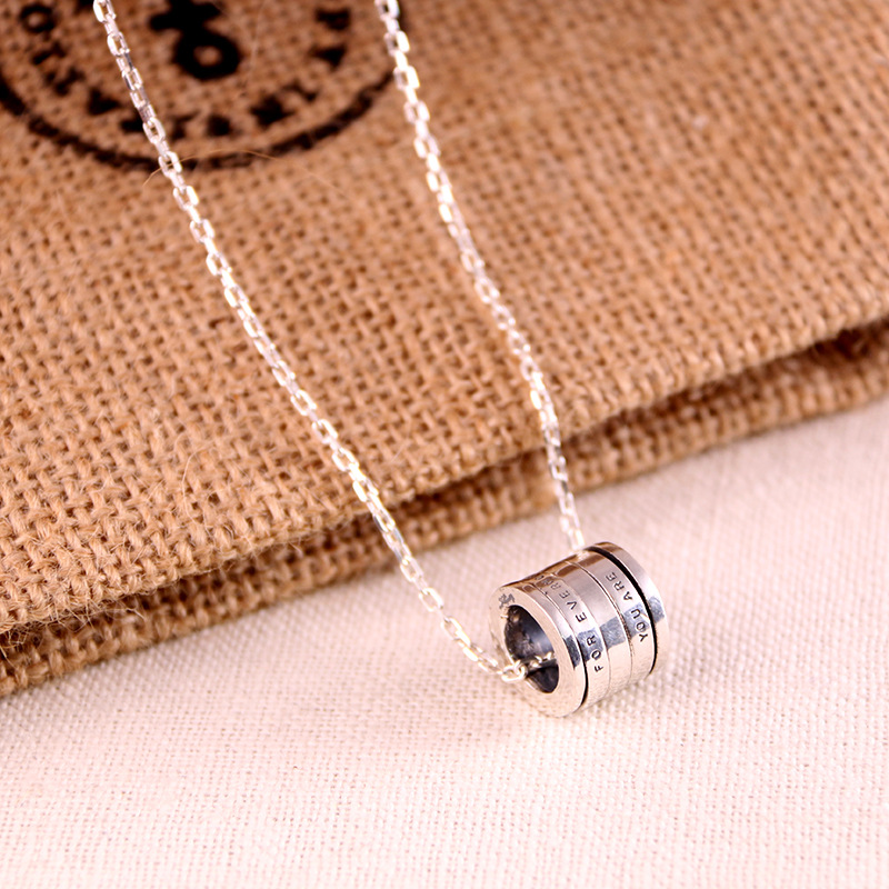 925银路路通项链 男士女士做旧泰银圆筒吊坠女款锁骨链项链