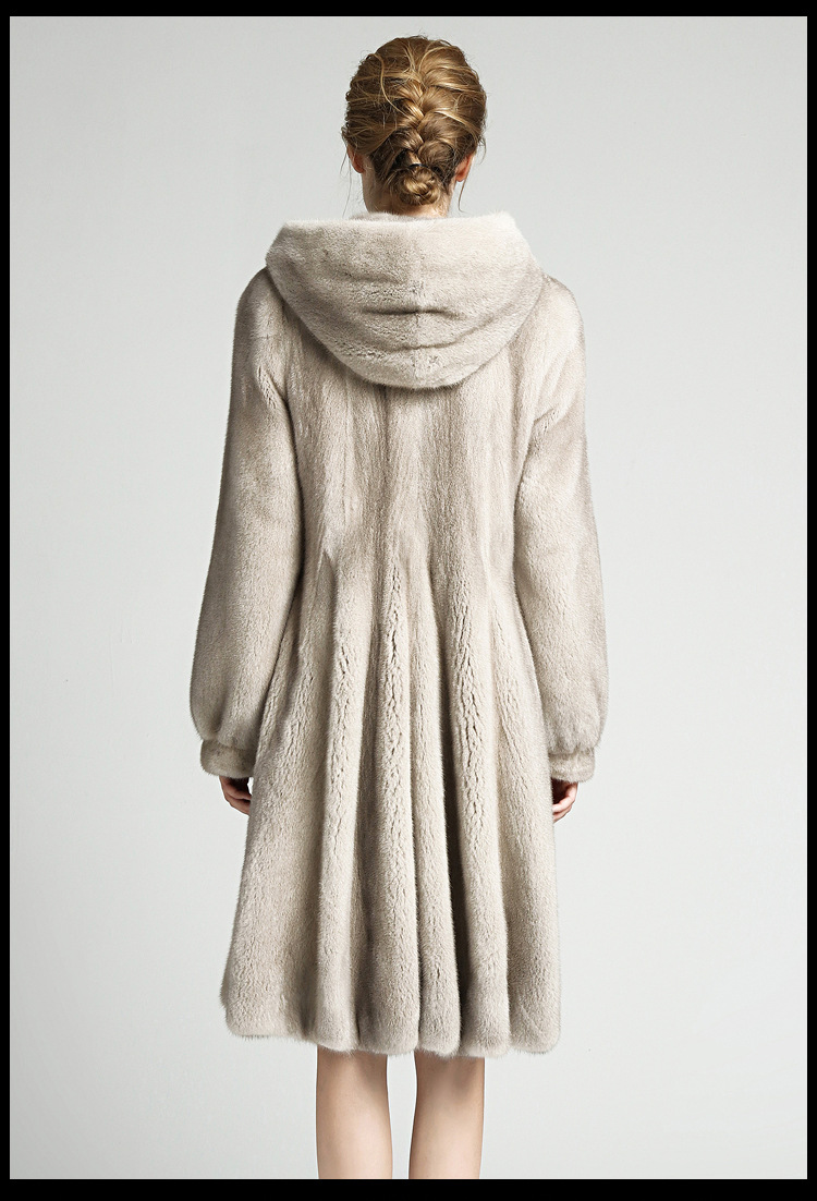 丹麦天鹅绒银兰水貂长款戴帽裙摆整貂皮草外套貂皮大衣