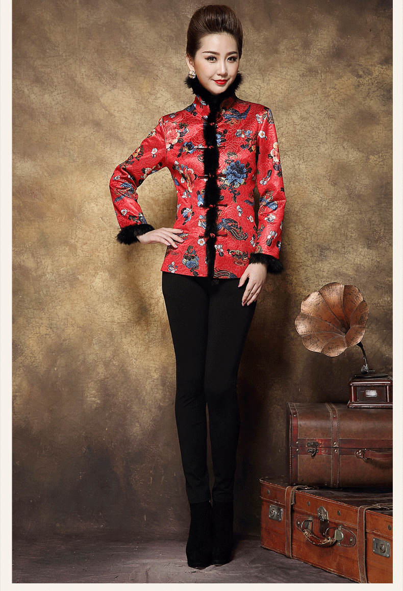 2019秋新旗袍上衣兔毛领大红花色喜庆婚礼宴会加大码