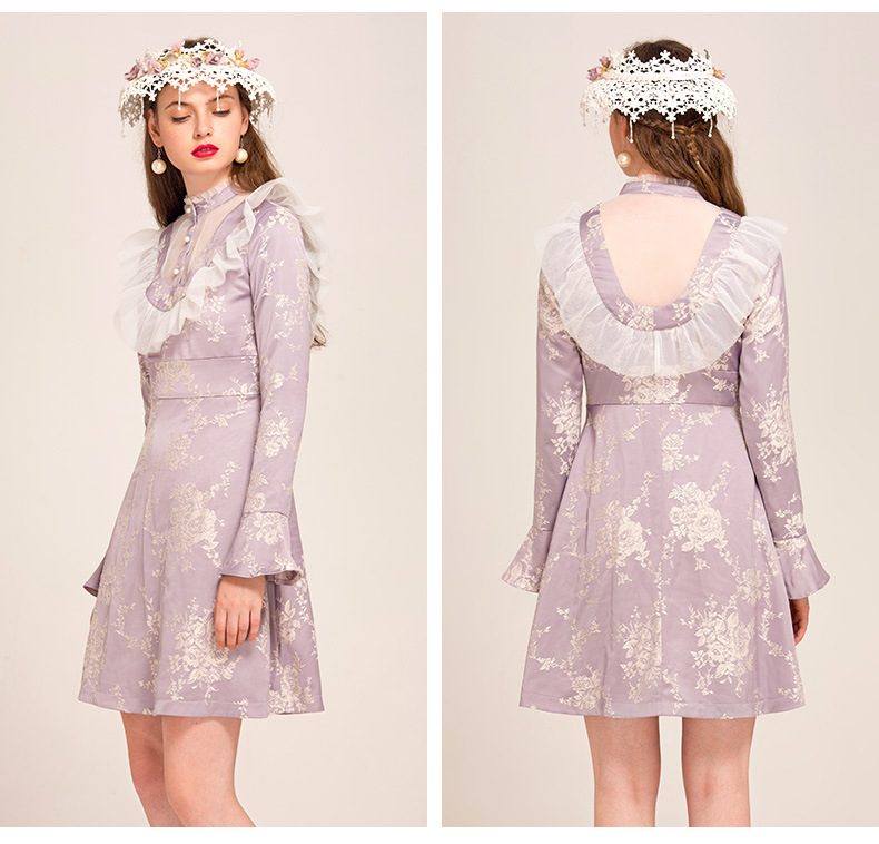 yigelila2016早秋新款 华丽贡缎拼接网纱复古连衣裙61794