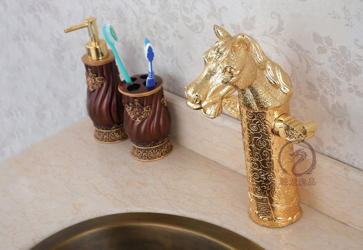 十二生肖面盆龙头 全铜手工雕刻 动物造型龙头 马型钛金 冷.