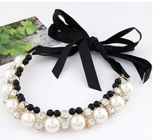 欧美批发 黑丝带系带 双排珍珠 镶钻 韩国饰品 可调长度 短链项链