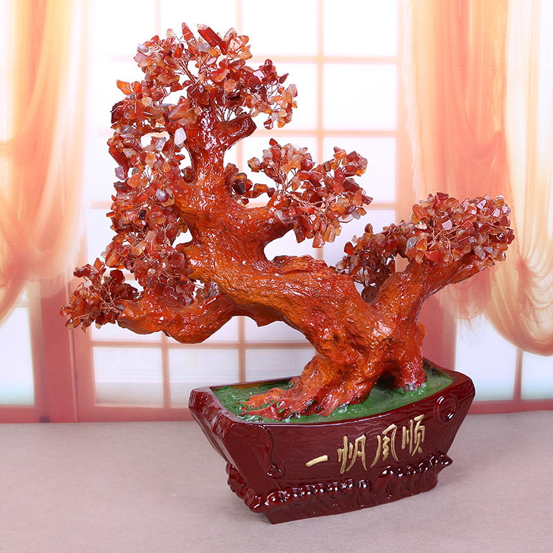天然水晶发财树 红玛瑙招财树摇钱树 办公桌摆件家居饰品