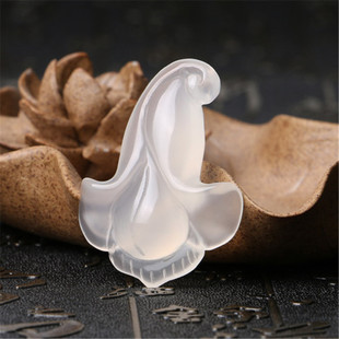 天然冰种白玉髓百合花吊坠 玉石玉兰花挂件玉器女款项坠