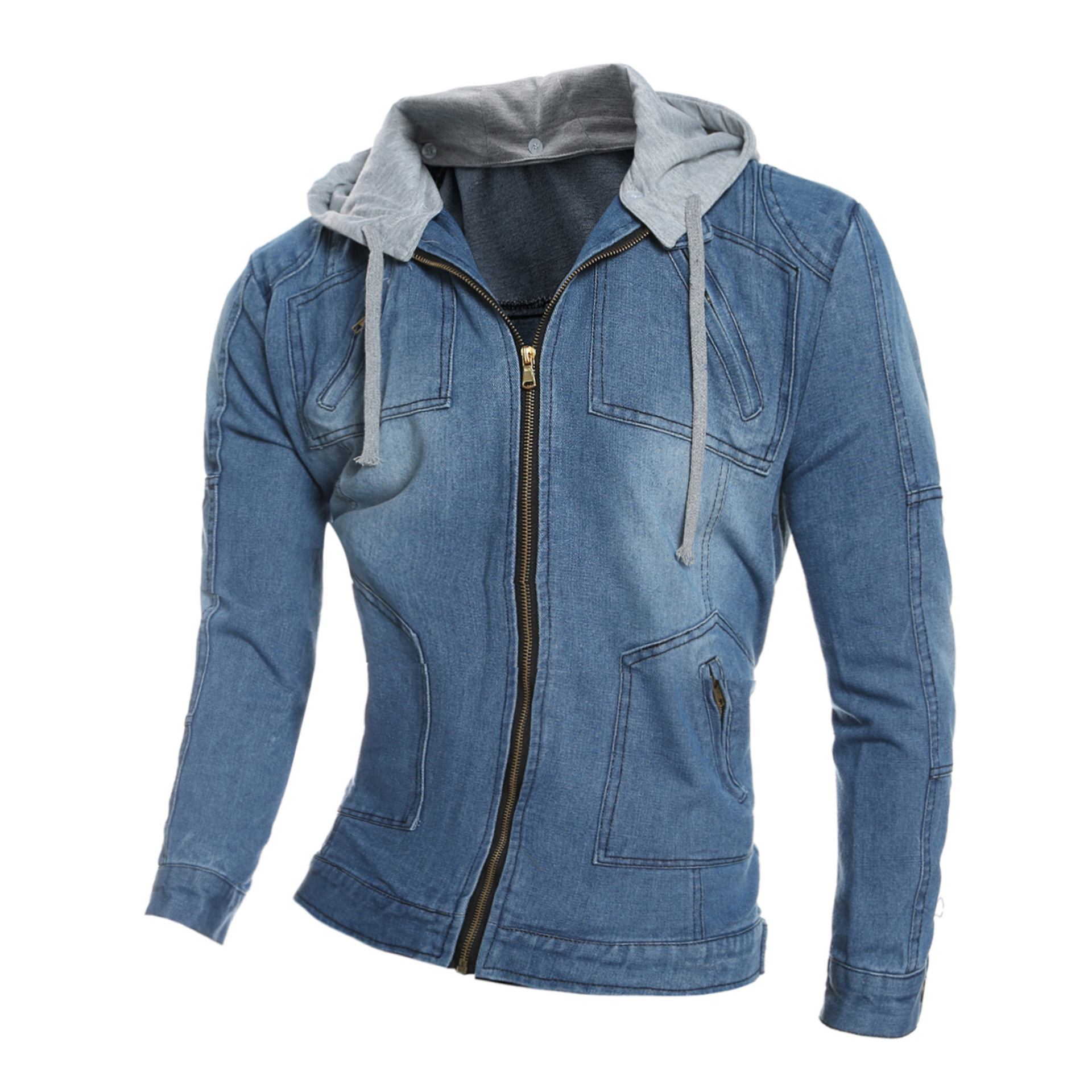 外贸新款时尚休闲大码男士秋冬可拆卸连帽水洗牛仔夹克衫zt -d13