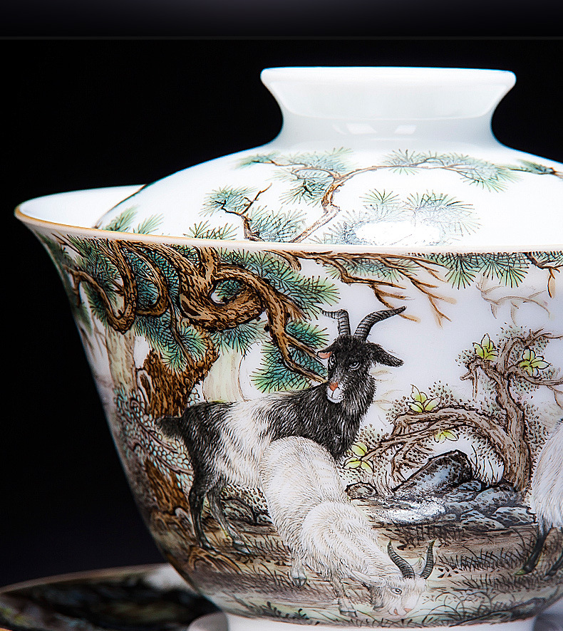 三才盖碗茶杯景德镇陶瓷手绘粉彩三阳开泰敬茶碗全手工泡茶