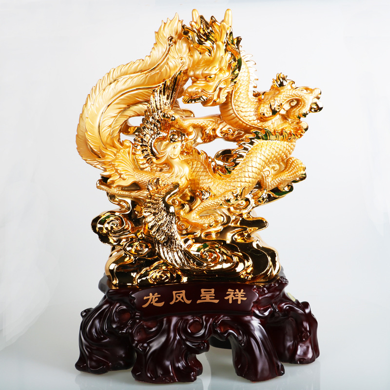雅信树脂工艺招财纳子龙凤呈祥摆件金色客厅开业乔迁礼品工厂批发