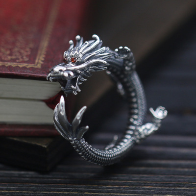 s925纯银 手工一条龙绕戒指 泰银开口指环 个性潮男士款 时尚霸气