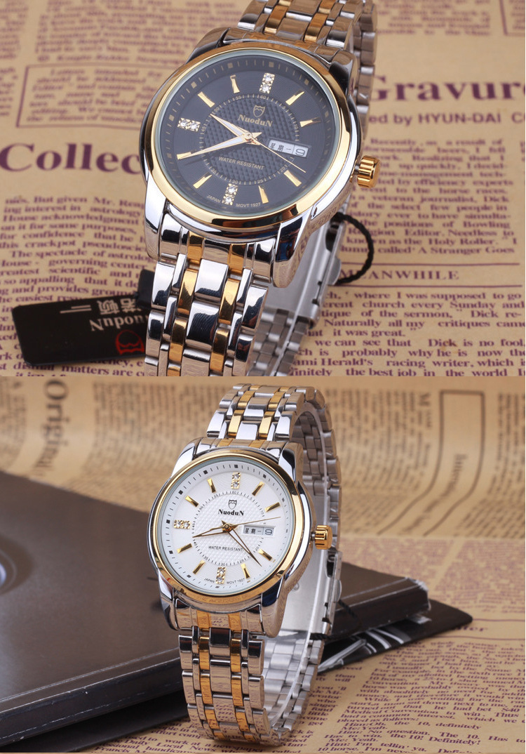 诺顿男士手表石英表防水时装女士手表双日历钢带手表男情侣手表