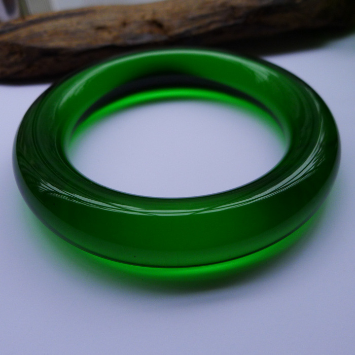 满绿荧光玻璃种冰翠玉手镯新疆帕尔米葱岭玉圆条手镯