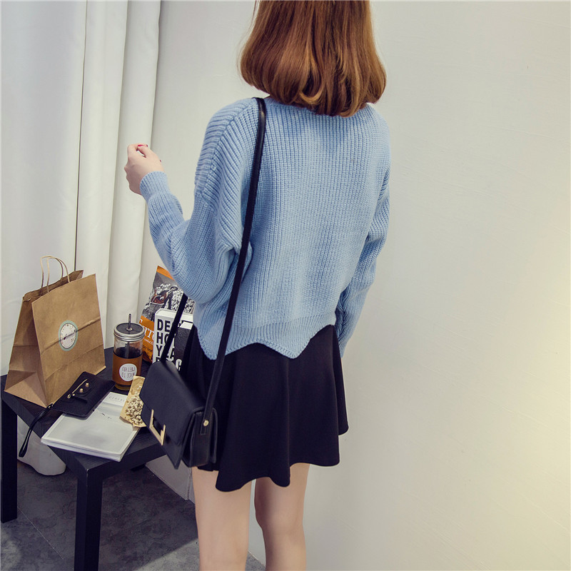 2019秋冬新款学院风纯色短款套头宽松波浪圆领针织衫毛衣来图来样